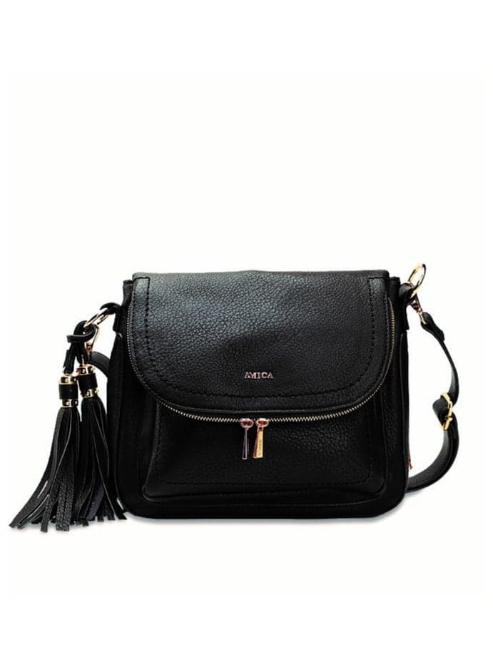 AMICA Carina Black Leather Tassel Crossbody Bag - Image 1