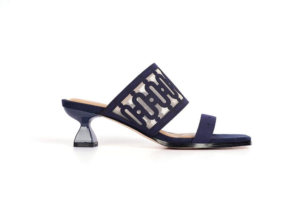 Sculpted Geometric Embroidered Mesh Mule Heel - Image 1