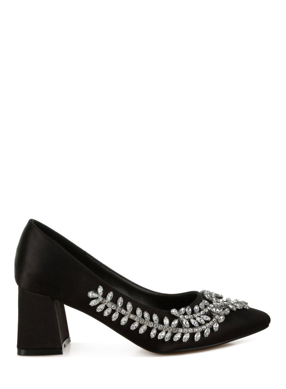 SH5118 Black Satin Diamante Pumps – Timeless Elegance - Image 1