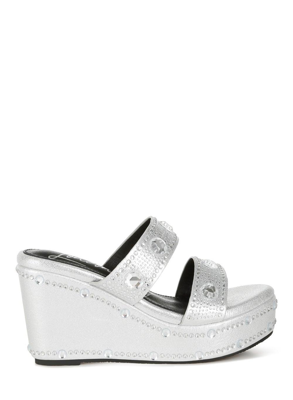 Sh4812 Silver Elegance: Rhinestone-Embellished Wedge Sandals - Image 1