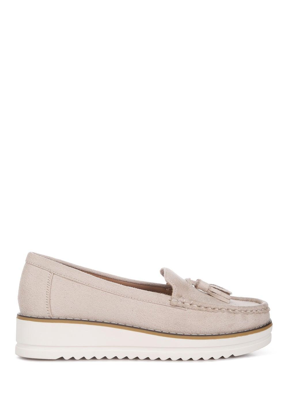 Daiki Beige Micro Suede Tassel Loafers SH4502 - Image 1