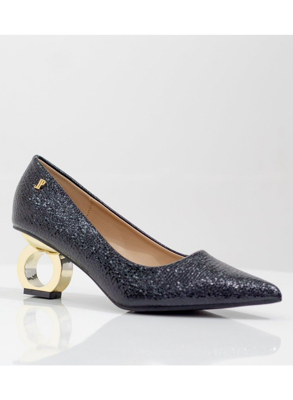 Orchid Black Pointy Court Pumps with Unique Circle Heel - Image 1