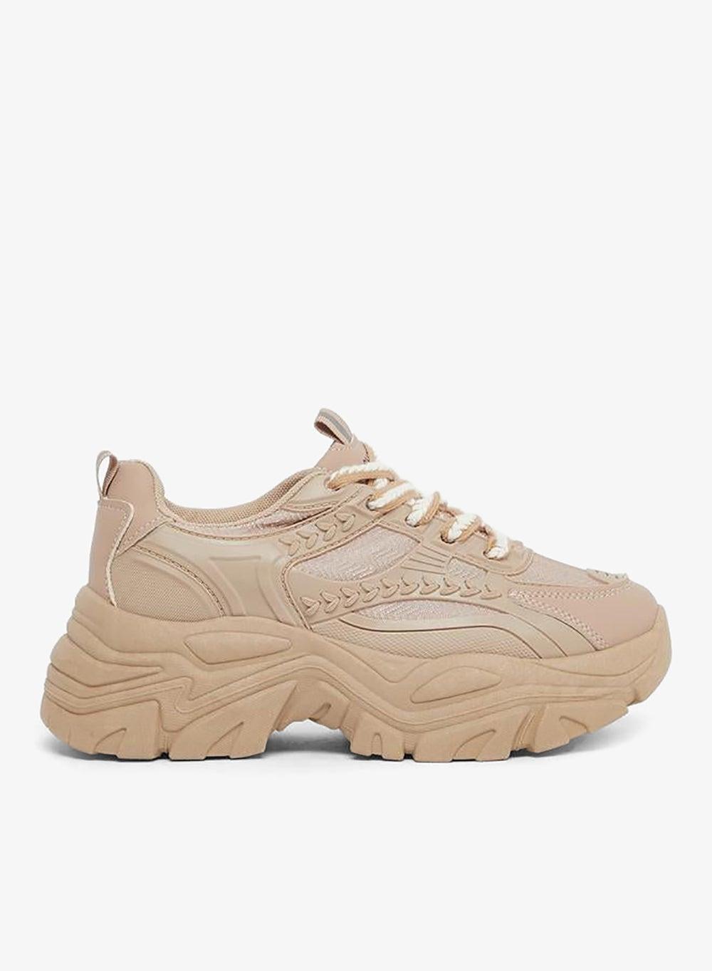 Beige Almond Toe Chunky Lace-Up Sneakers - Image 1