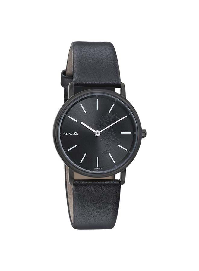 Sonata 87029NL02 Elegant Black Leather Women's Watch - 34mm - Image 1
