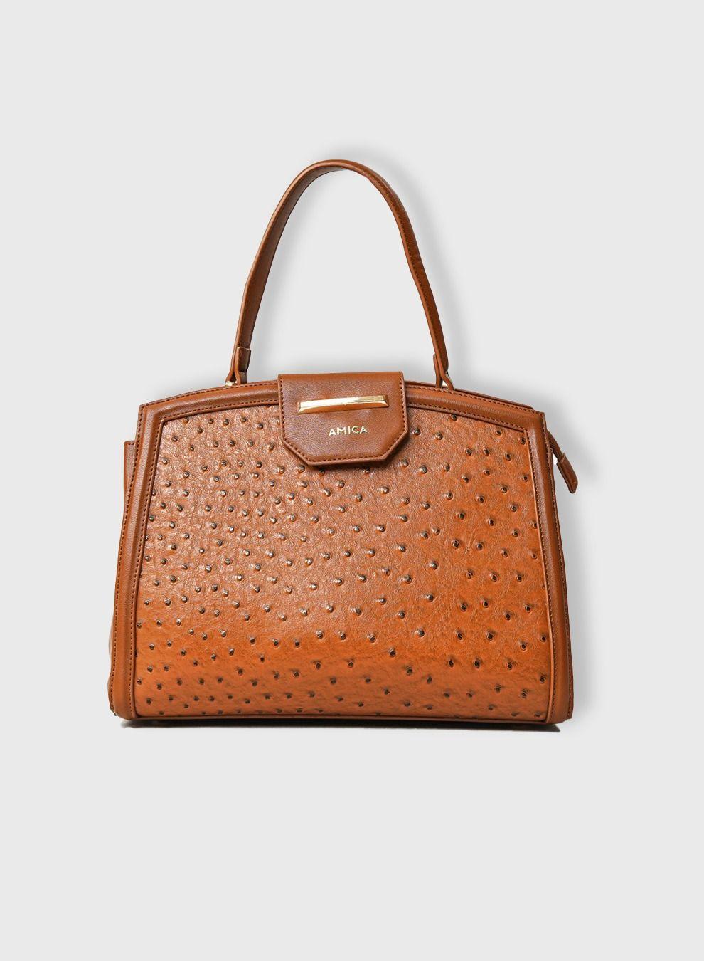 AMICA Beronia Ostrich Textured Leather Satchel - Elegant Brown - Image 1