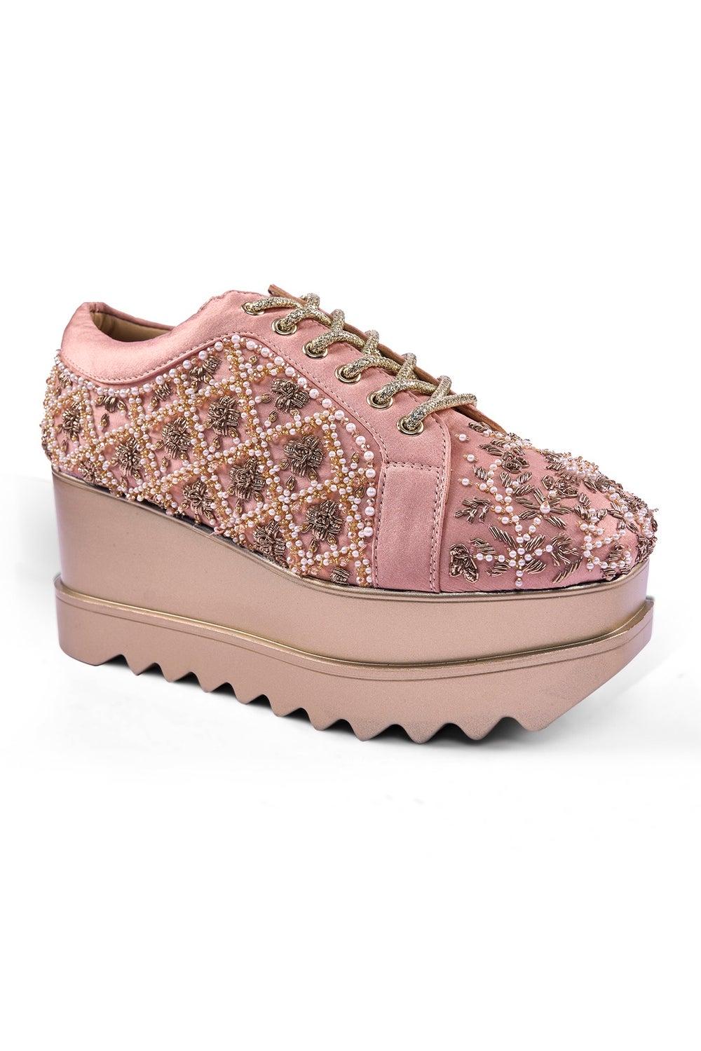 Anaar Jhoomar Luxe Pink Satin & Faux Leather Wedge Sneakers - Image 1