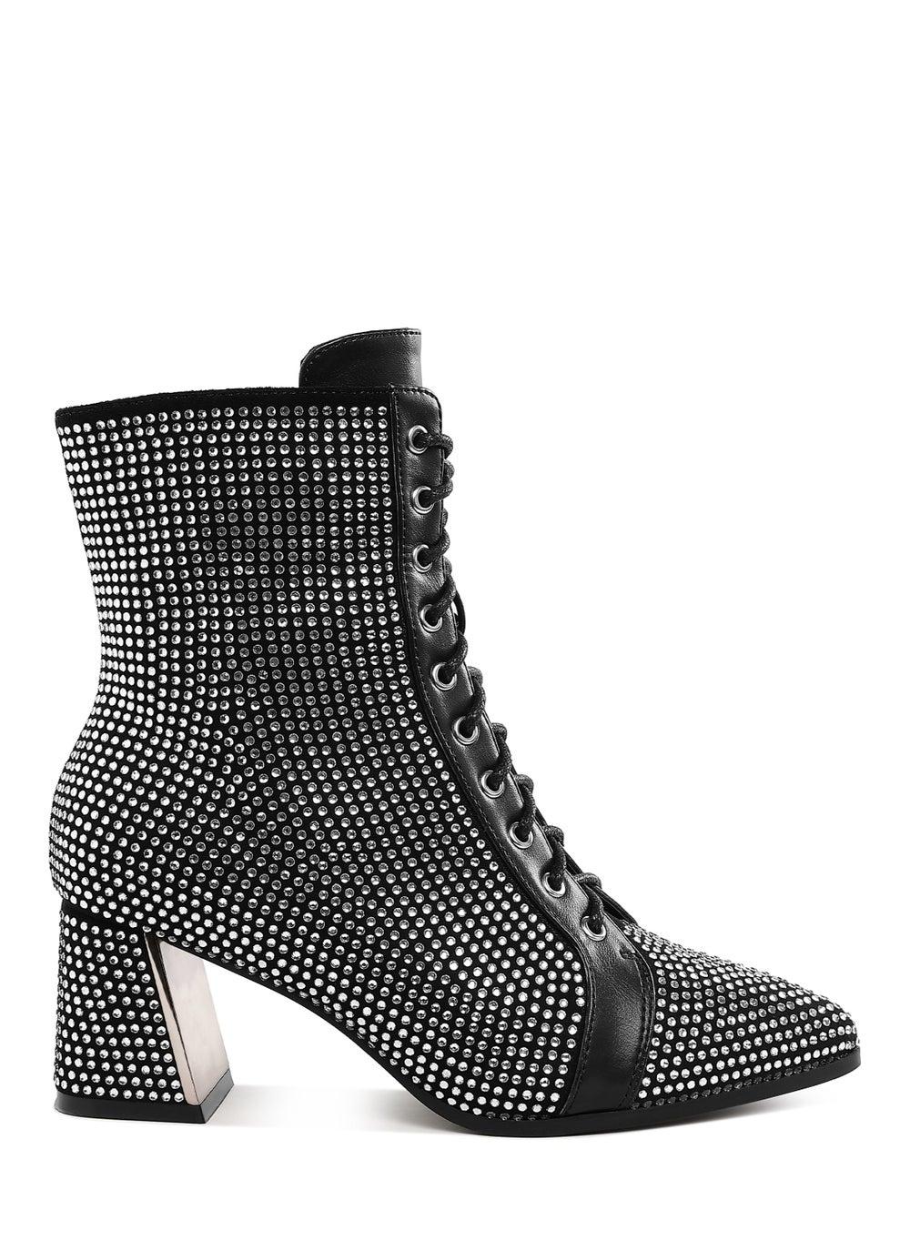 Sh5377 Black Rhinestone Luxe Ankle Boots for Evening Glamour - Image 1