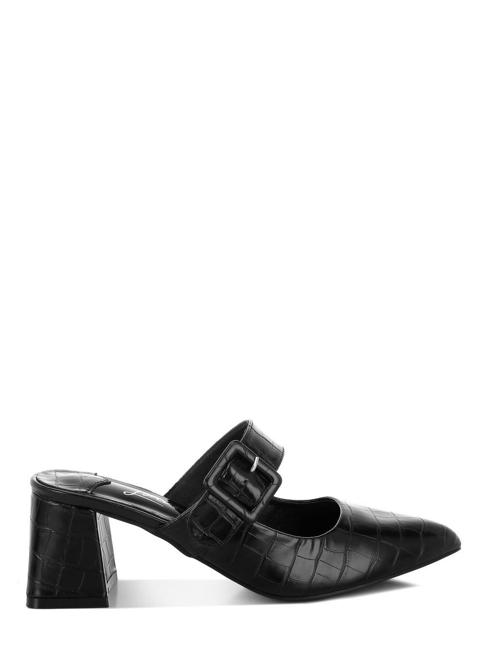 Elegant Black Croco Mules with Buckle Strap - SH5372 - Image 1