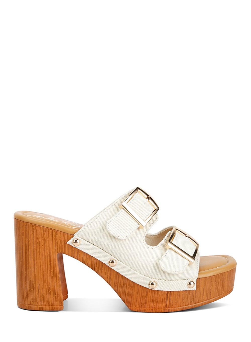 Sh4764 Beige Buckle-Strap High Heel Wedges - Image 1