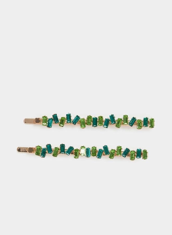 Styli Embellished Stone Hair Clip Duo - Gold Elegance - Image 1