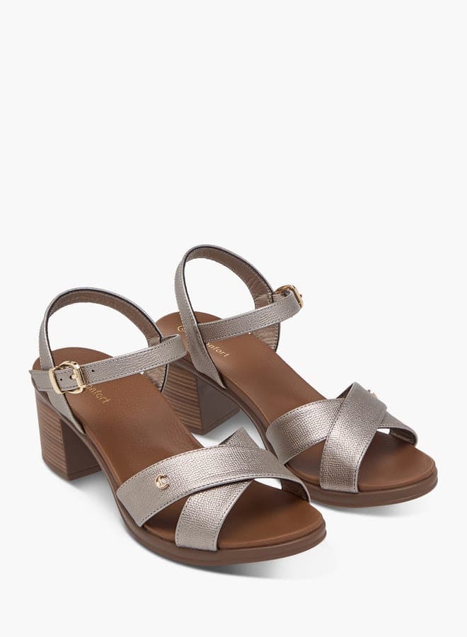 Elegant Bza20206 7Gold Textured Strap Sandals with Block Heels - Image 1