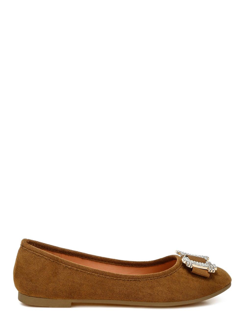 Sh5157 Tan Rhinestone Buckle Ballerinas - Elegance and Sparkle - Image 1