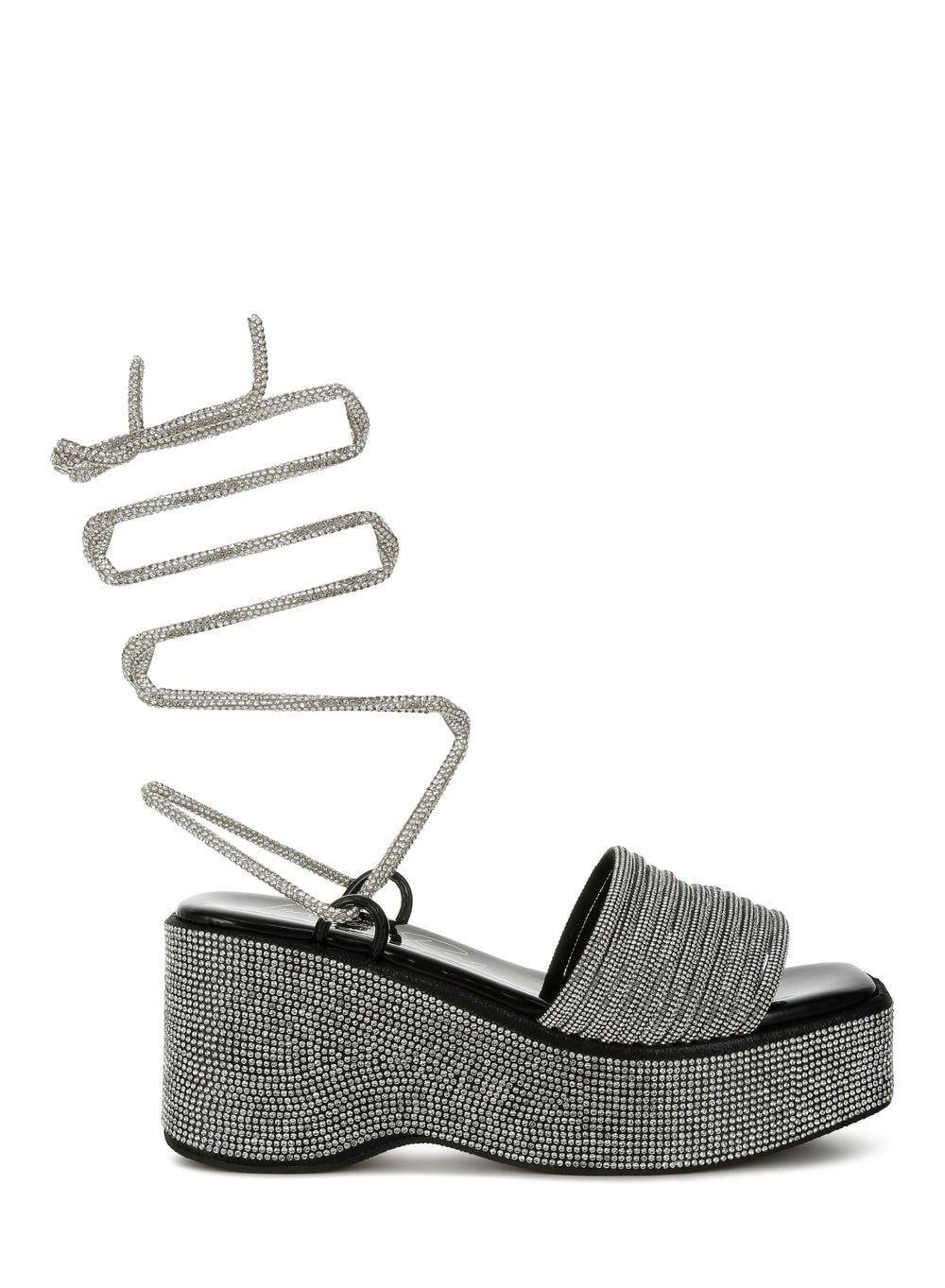 Sh4897 Black Rhinestone Lace-Up Heeled Sandals - Image 1
