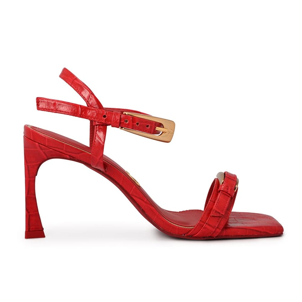 Elegant Ruby Red Heeled Sandal with Golden Buckle - Image 1