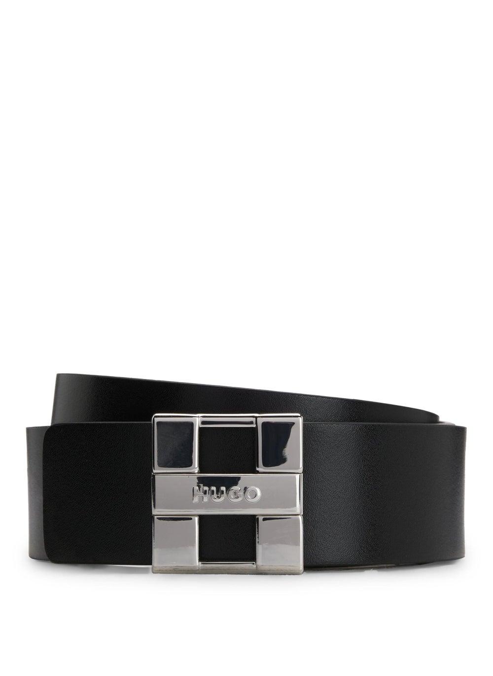 HUGO Dual-Tone Italian Leather Logo Buckle Belt - Image 1