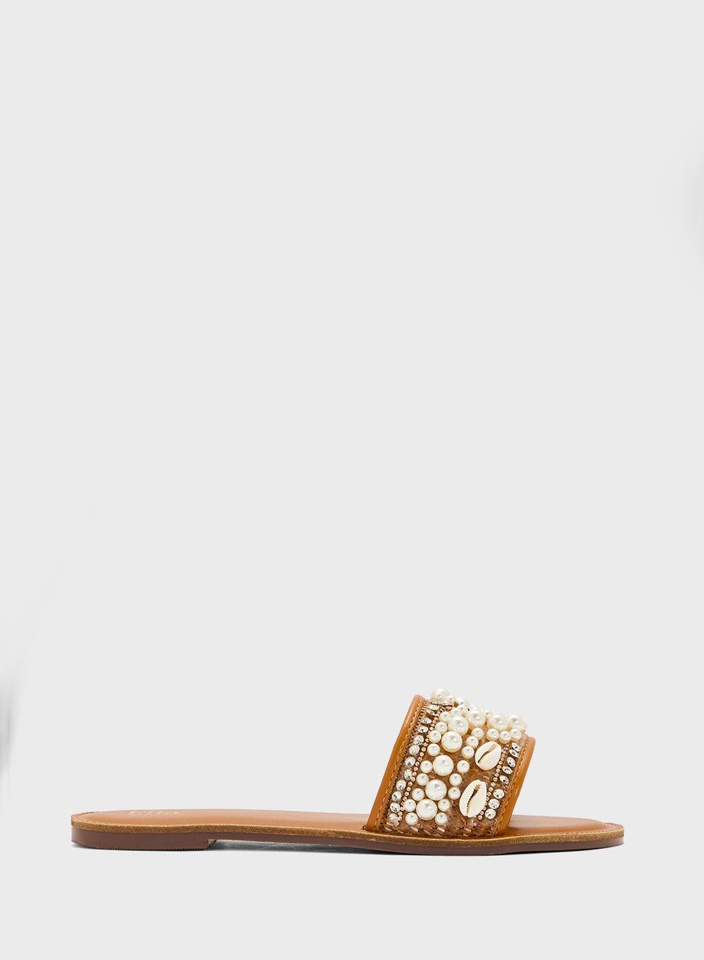 J53331 Elegant Pearl-Strap Flat Sandals in Brown - Image 1