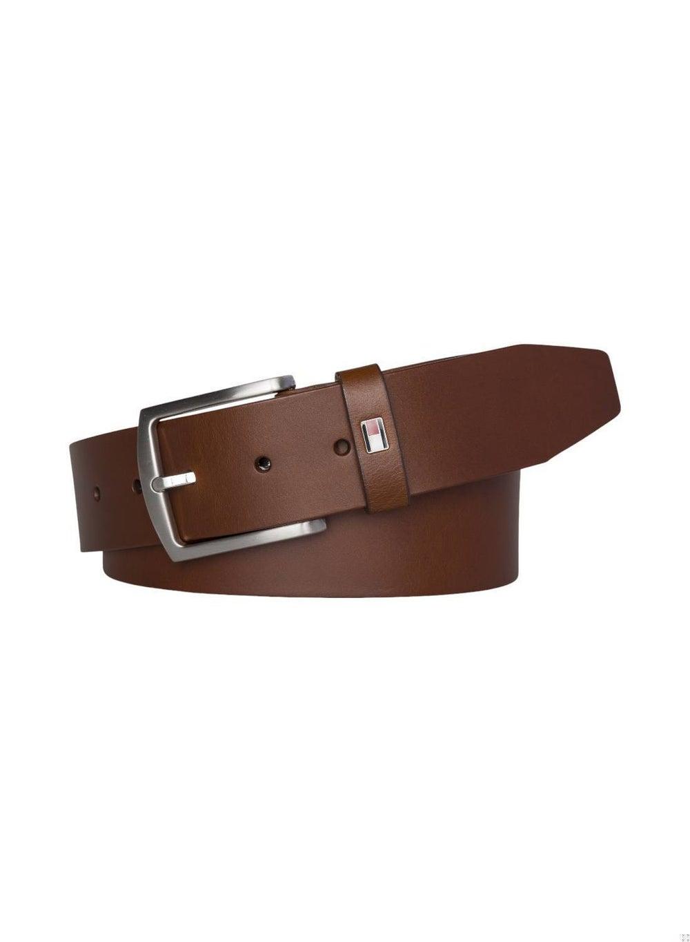 TOMMY HILFIGER Denton Dark Tan Leather Flag Logo Belt - Image 1