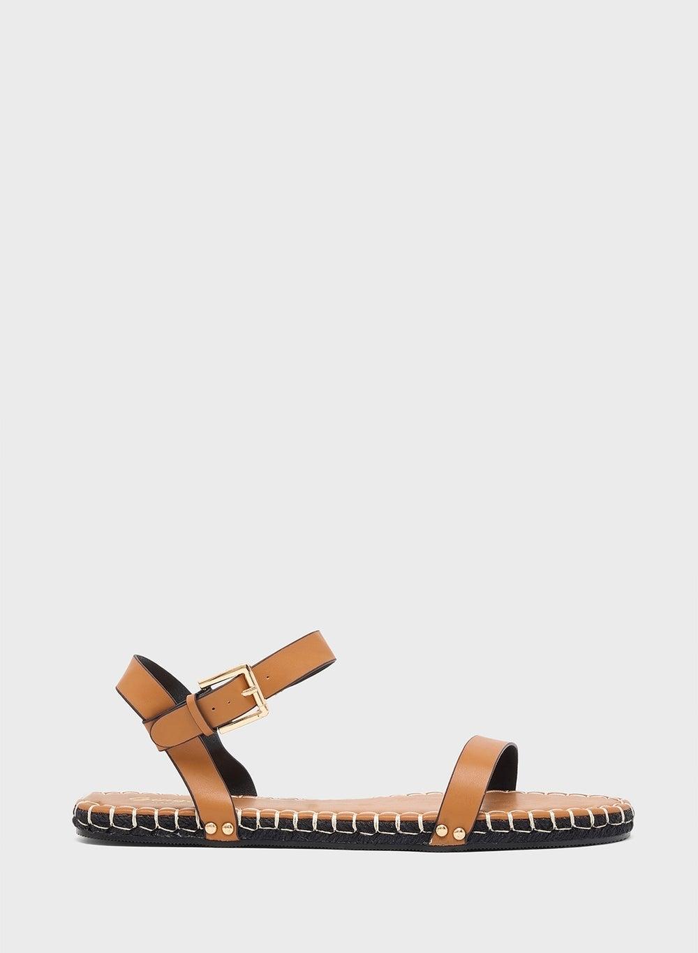 Elegant Double Strap Tan PU Flat Sandals for Women - Image 1
