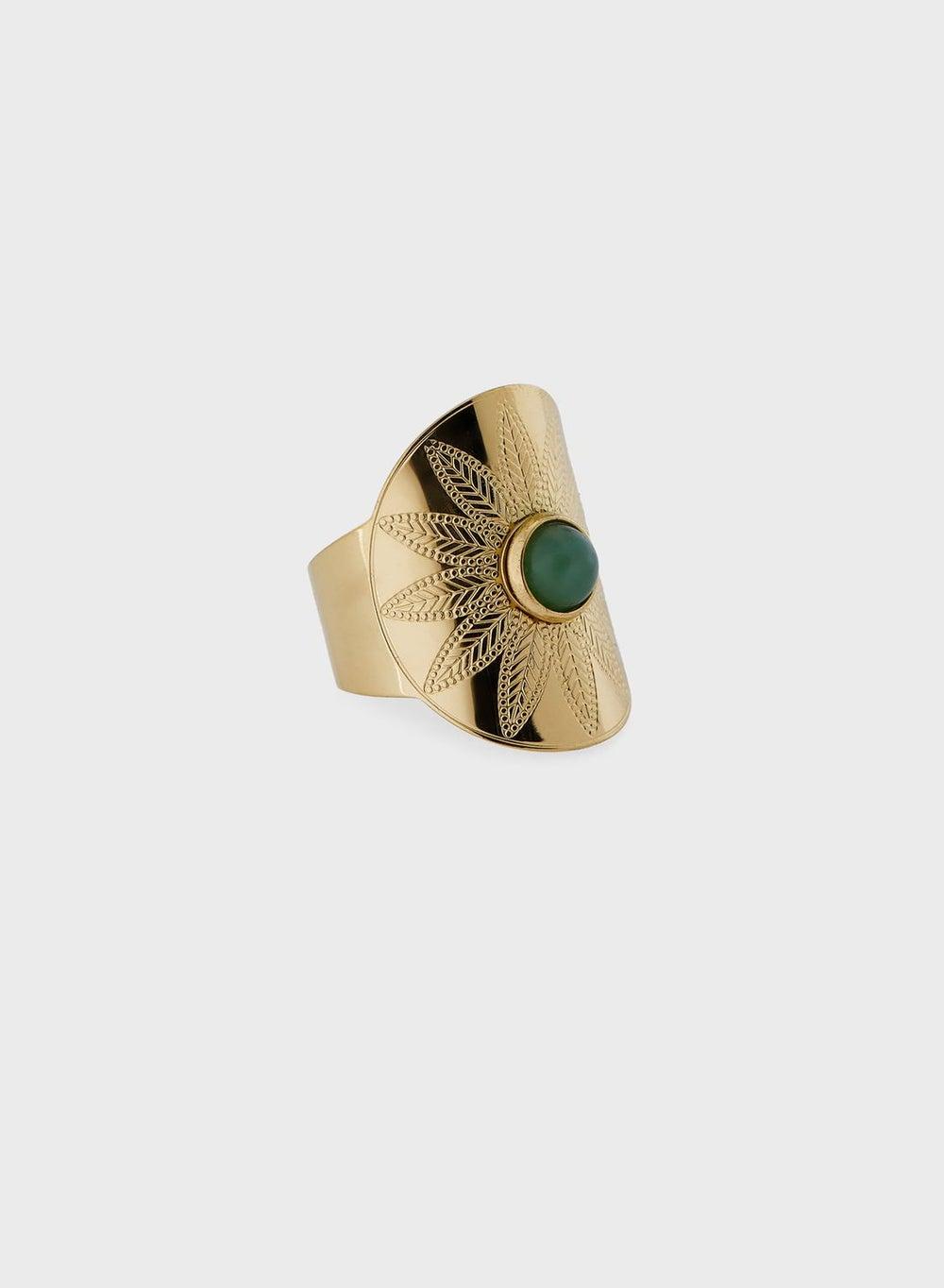 Lady Mauve Iris Flower Green Stone Men's Ring - Image 1