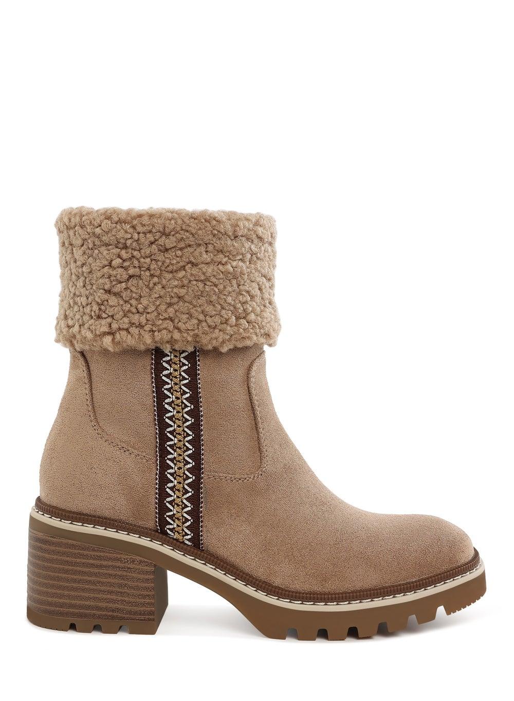 Sh5100 Beige Embroidered Faux Fur Ankle Boots - Image 1