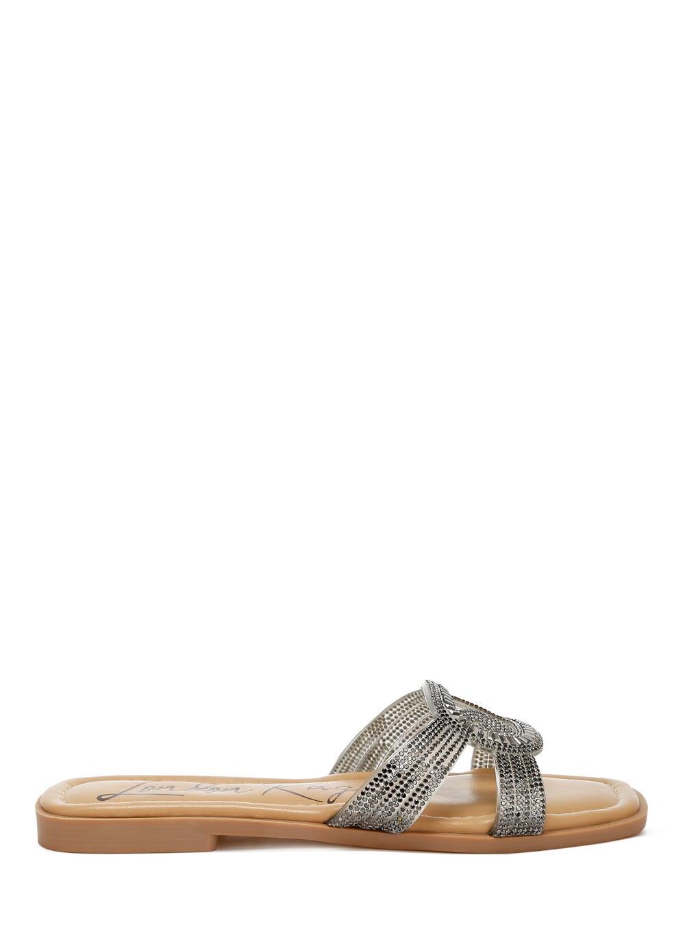 Sh4858 Black Rhinestone-Encrusted Flat Sandals - Image 1