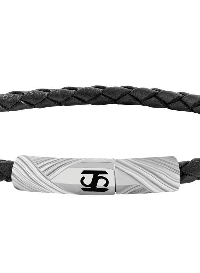 Saint Honore Paris Tour Eiffel Men's Silver-Logo Black Leather Bracelet - Image 1