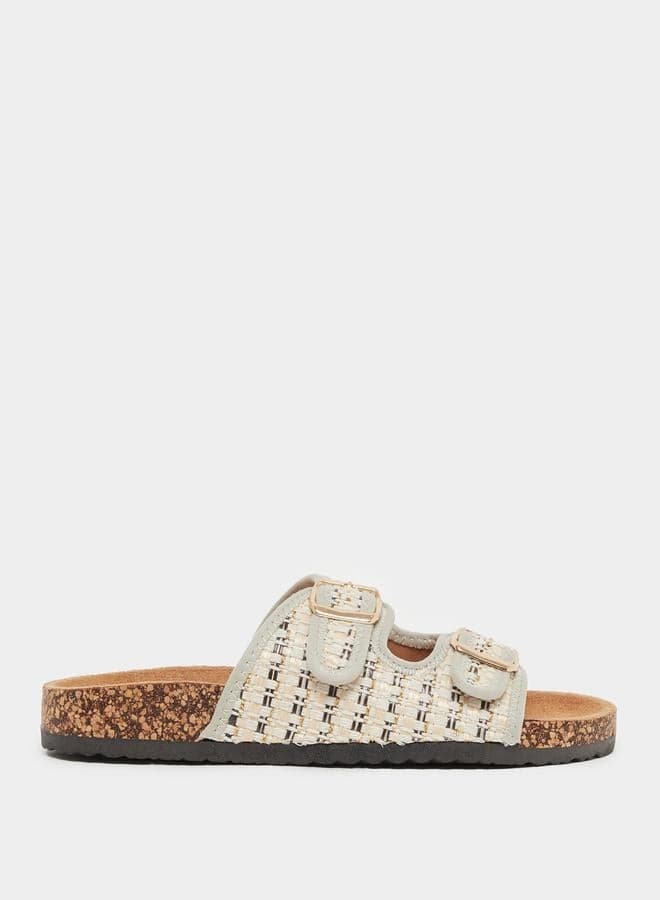 Elegant Beige Textured Slip-On Sandals with Buckle - Image 1