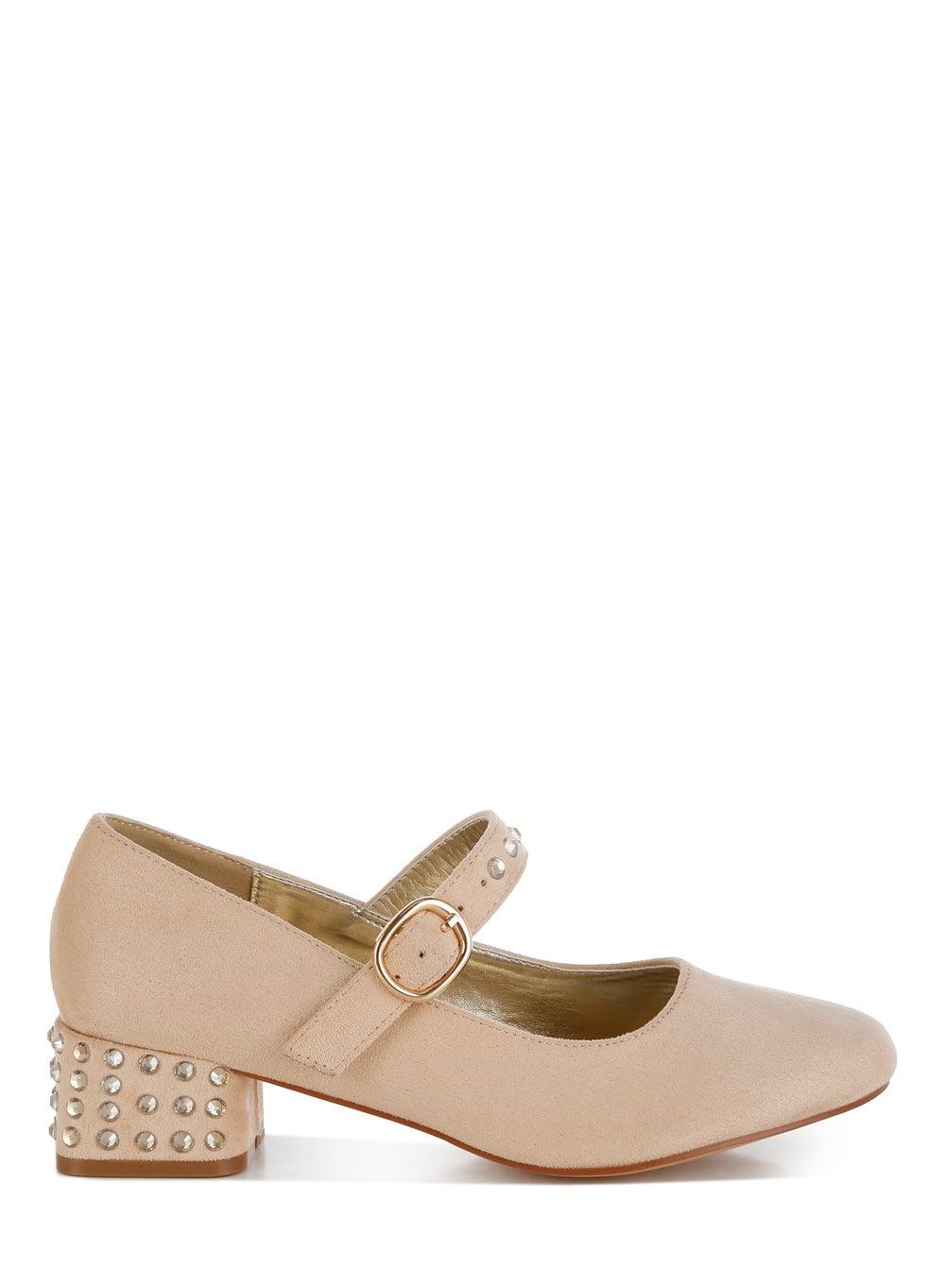 Beige Sh5187 Studded Mary Jane Pumps with Low Heel - Image 1