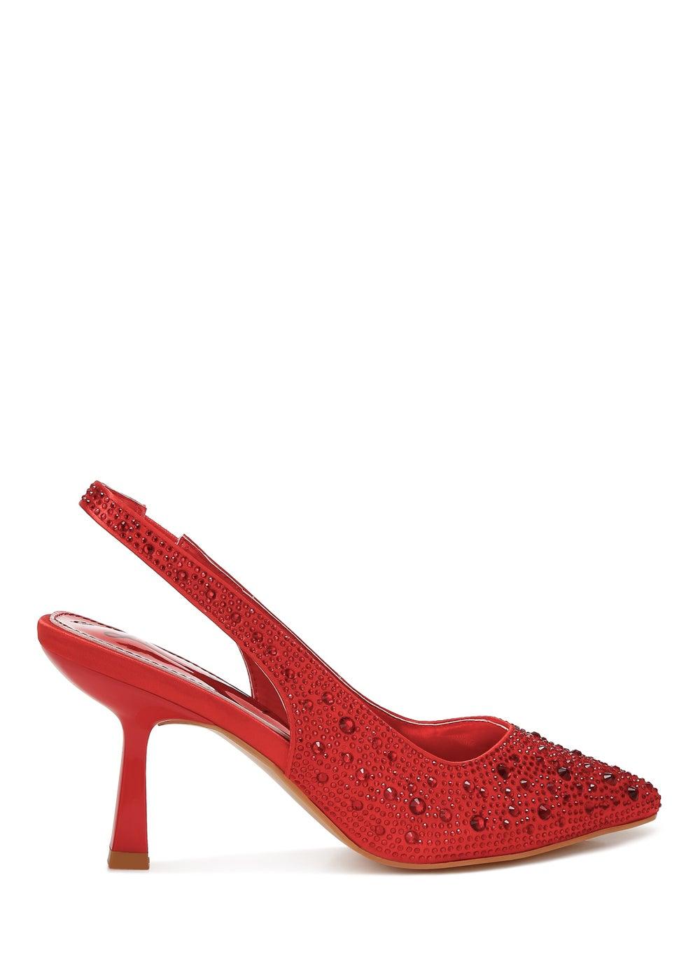 Sh4860 Red Luxe Satin Pearl Kitten-Heel Slingbacks - Image 1
