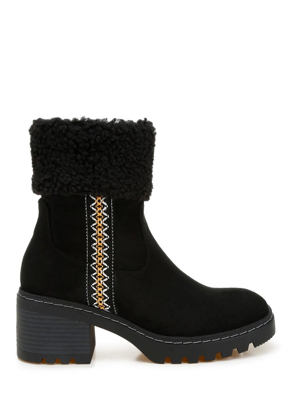 Sh5100 Black Luxe Faux Fur Ankle Boots with Embroidery - Image 1