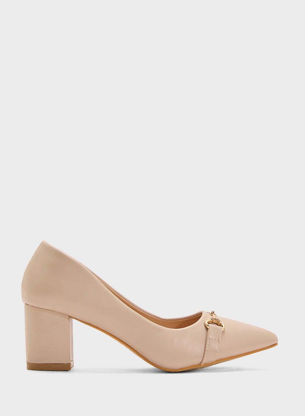 Be 864 Elegant Beige Block Heeled Pointed Pumps - Image 1