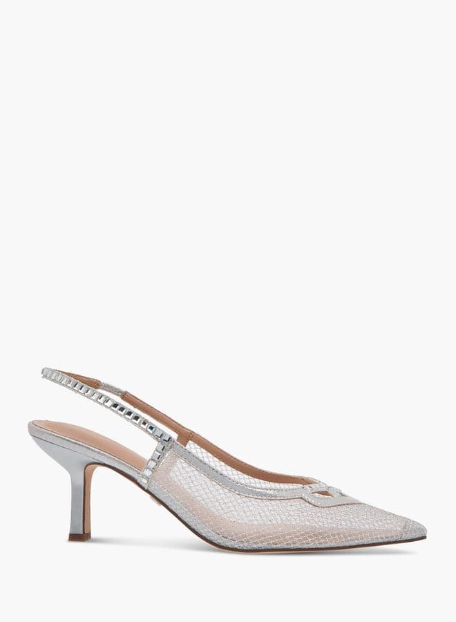 Elegant J09990 003Silver Embellished Slingback Kitten Heels - Image 1
