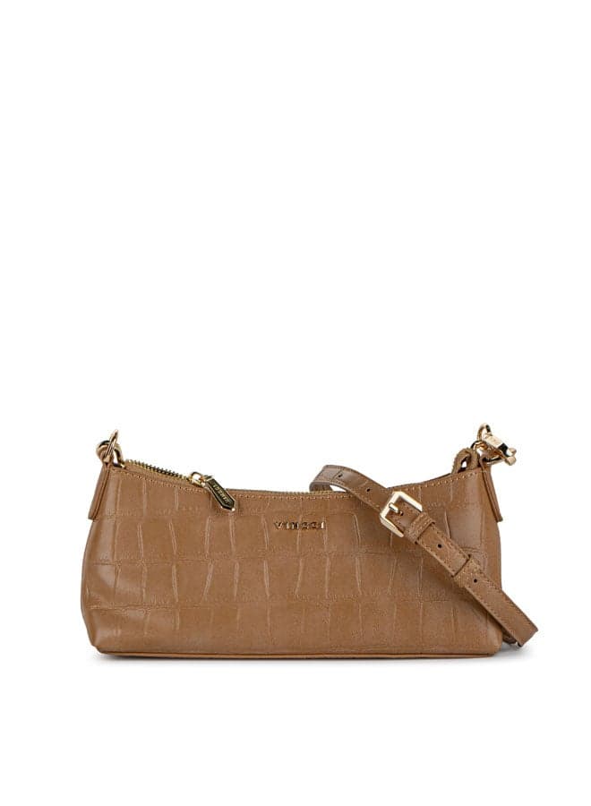 Vincci Elegance: Brown Patterned Shoulder Bag with Chain Detail - Image 1
