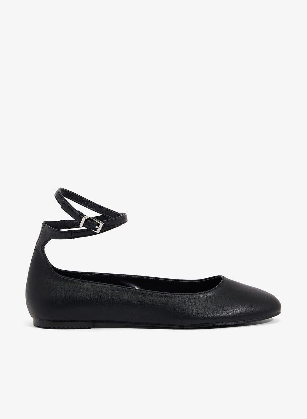 Tamia Elegant Black PU Ankle-Strap Ballerinas - Image 1