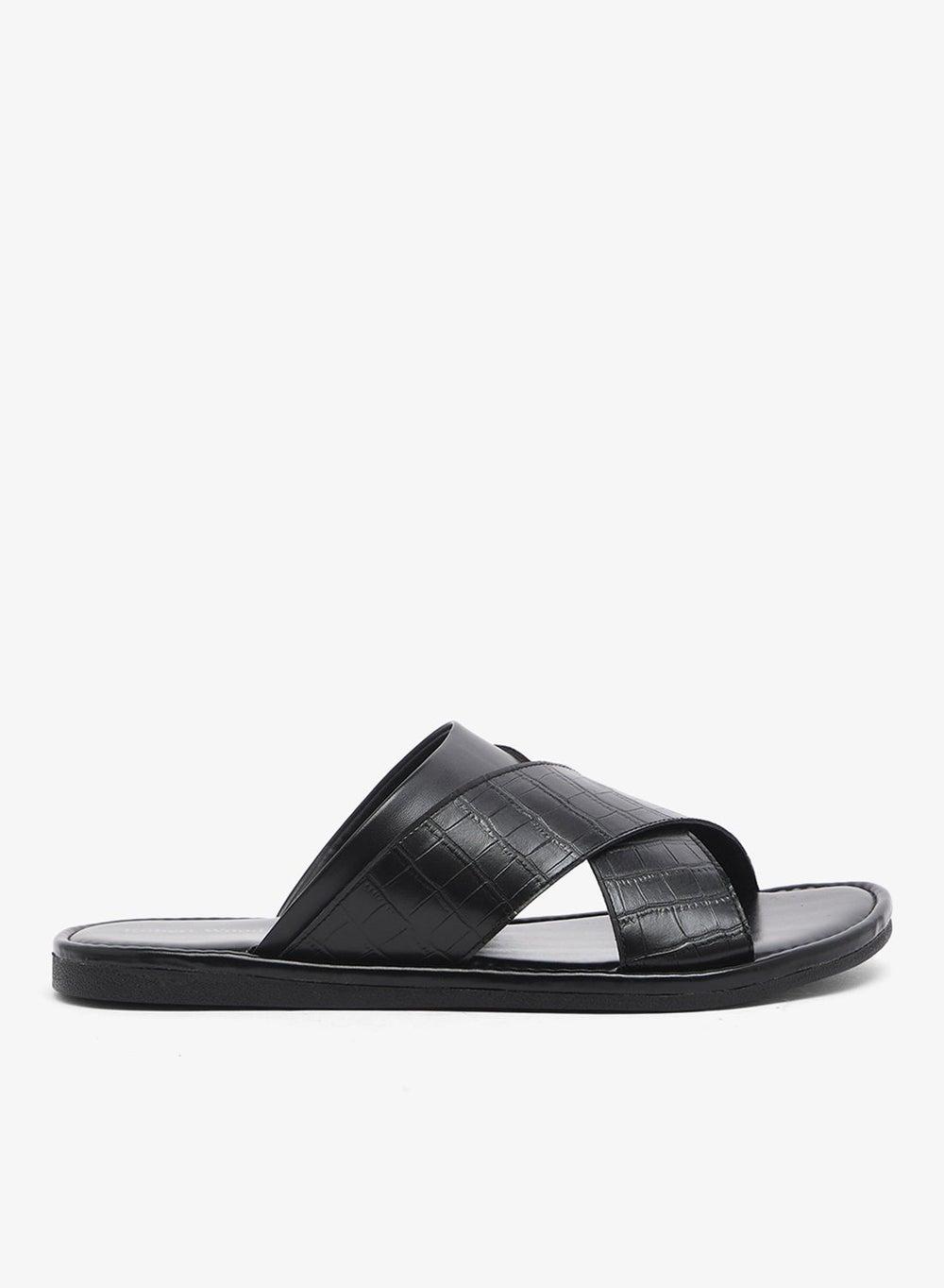 Mk Cl82 Croc Emboss Elegance: Black Cross Strap Sandals - Image 1