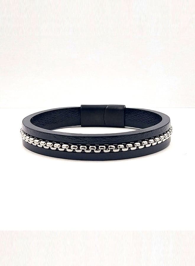 CHRYSOSTOMOS Black Leather and Lava Stone Men's Bracelet - Image 1
