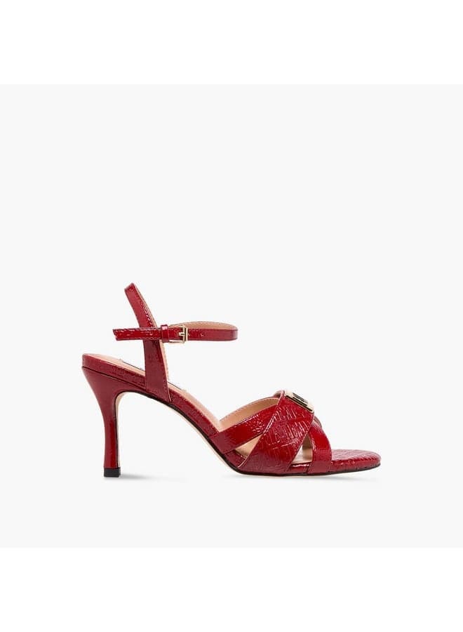 J10795 002 Monogram Embossed Stiletto Sandals in Burgundy - Image 1