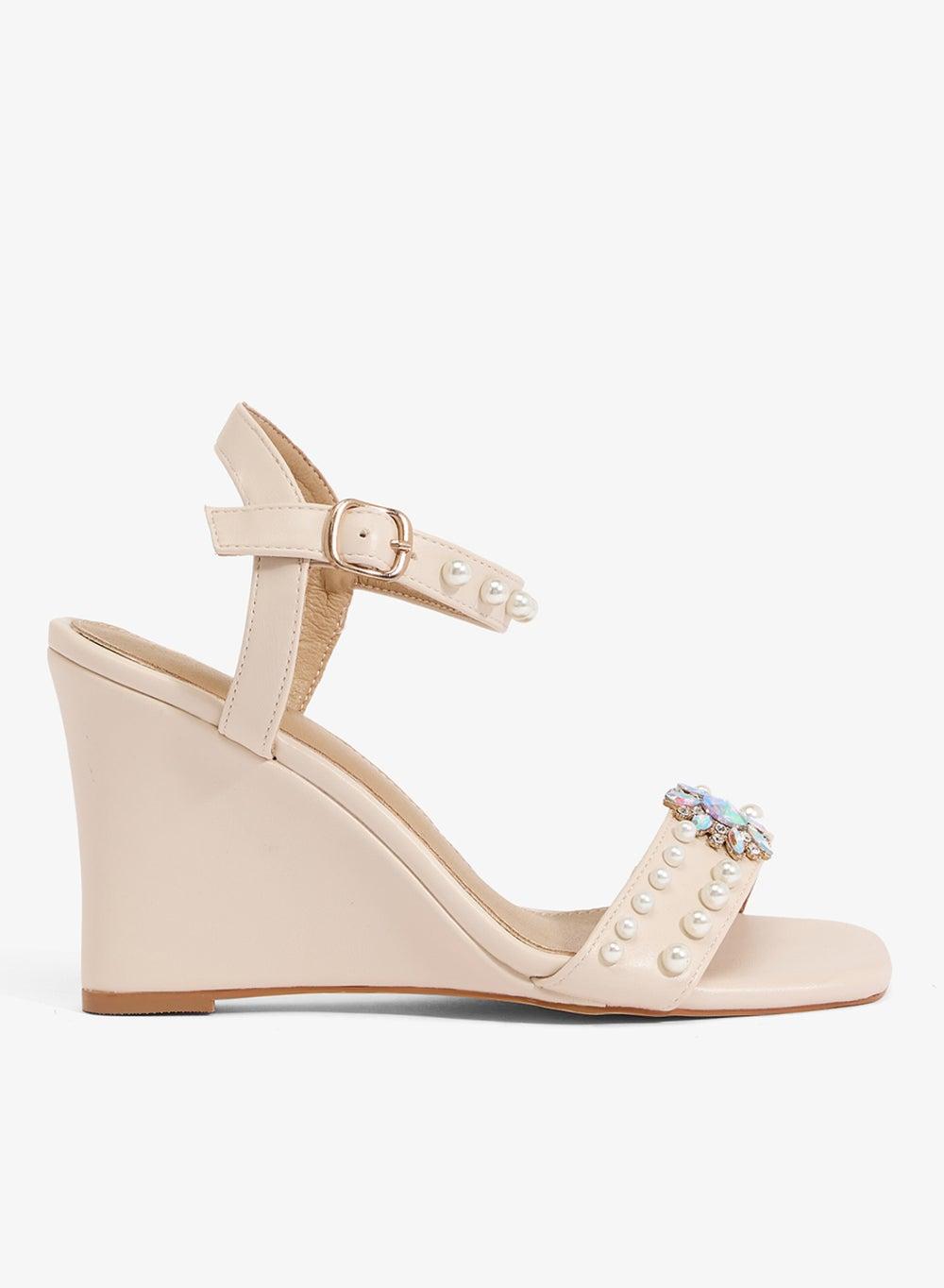 Elegant Ivory Mh27 Wedge Sandal with Pearl and Crystal Accents - Image 1