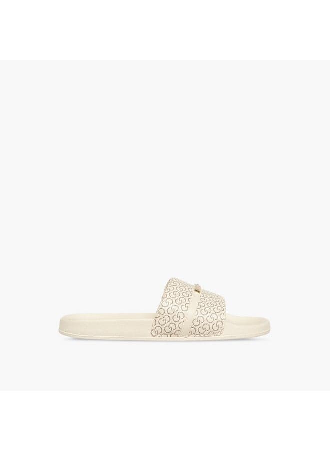 Elegant Beige Monogram Print Women's Slides 373833 - Image 1