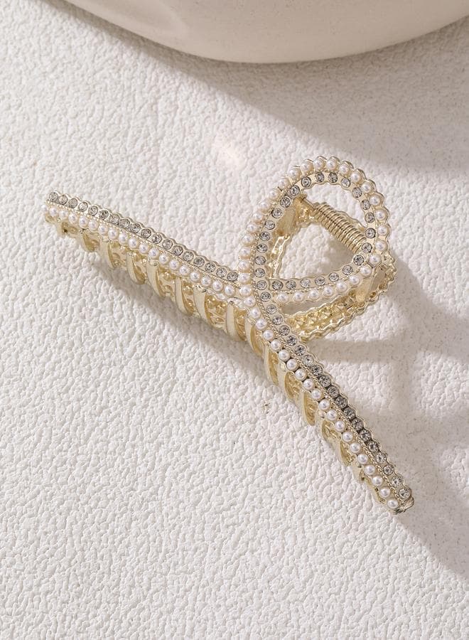 Elegant Faux Pearl and Rhinestone Gold Claw Clip - Image 1
