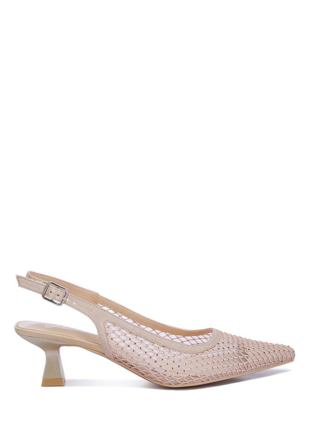Sh4724 Beige Rhinestone Slingback Kitten Mules - Image 1