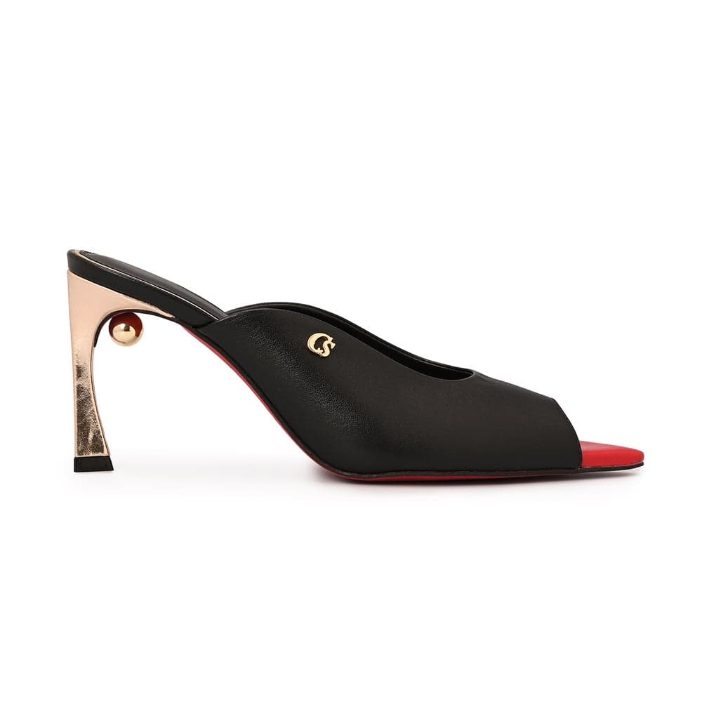 Elegant Black Leaf Toe Comma Heel Mule Sandals - Image 1