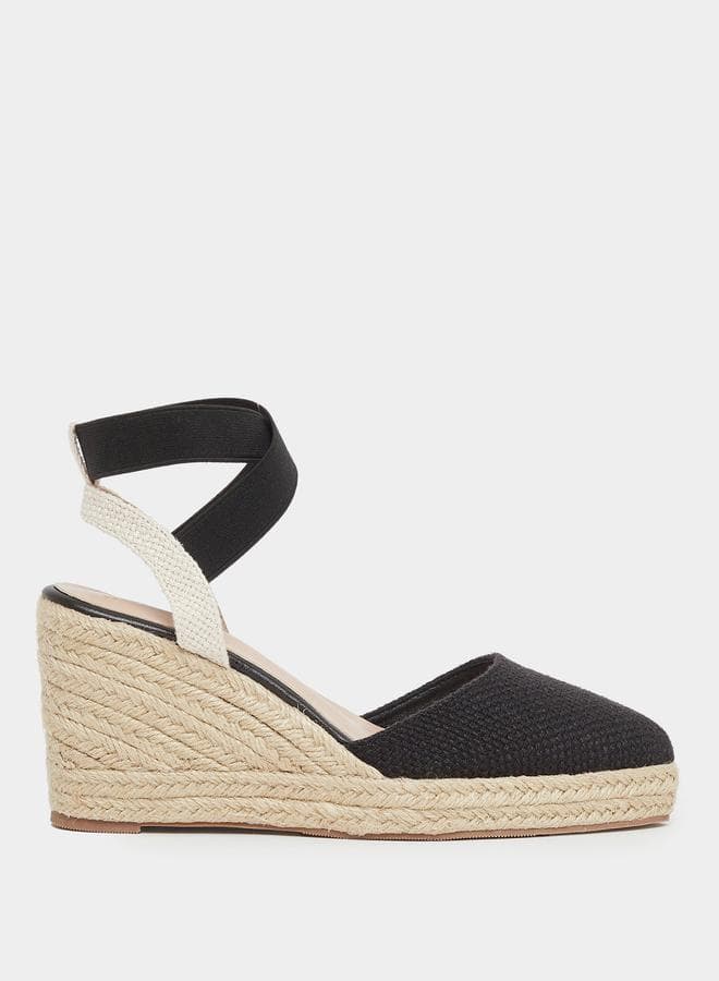 Chic Black Elasticated Espadrille Wedge Sandals - Image 1