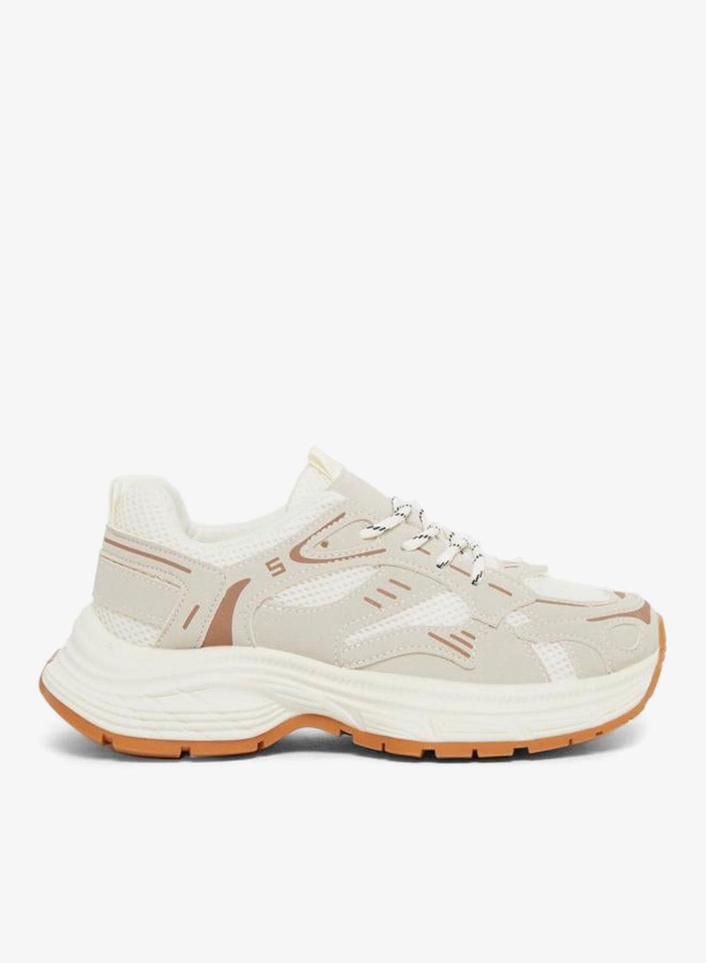 Beige Almond Toe Lace-Up Low-Top Sneakers - Image 1