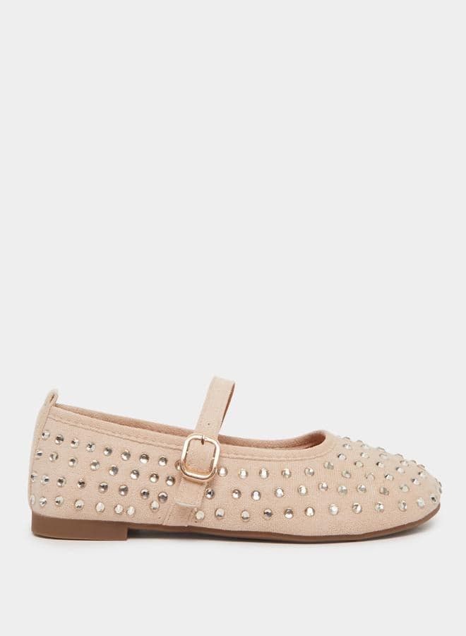 Beige Embellished Flat Almond Toe Ballerina - Image 1