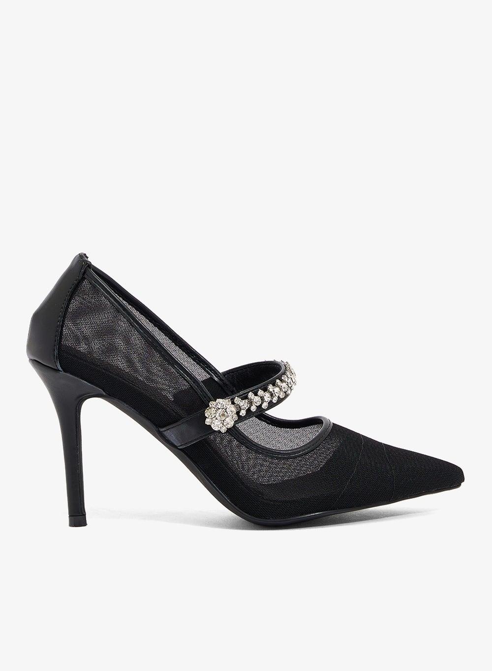 MH66 Black Mesh Pumps with Crystal Buckle Detail - Image 1