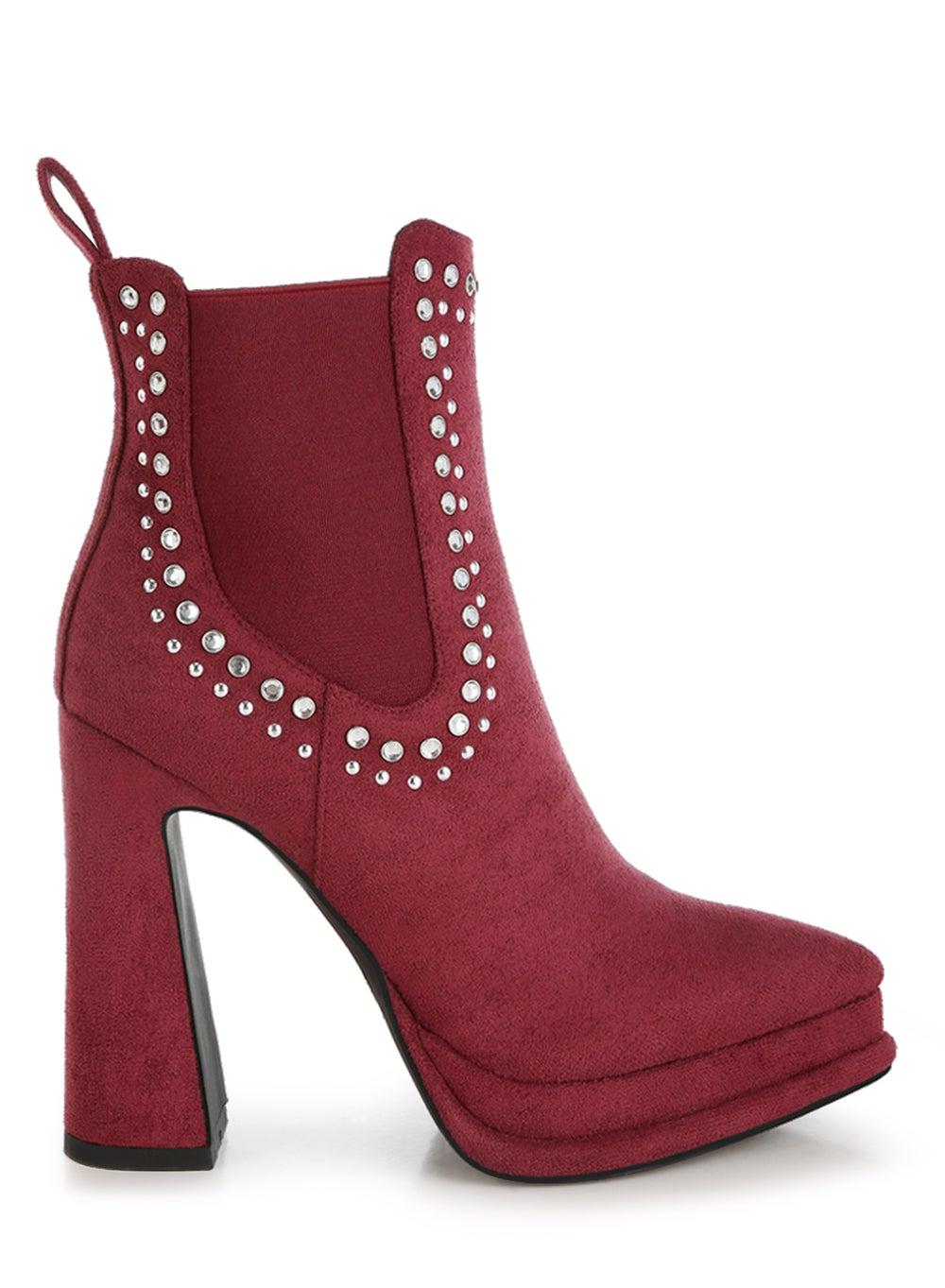 Elevated Elegance Burgundy Stud-Embellished Ankle Boots SH5325 - Image 1