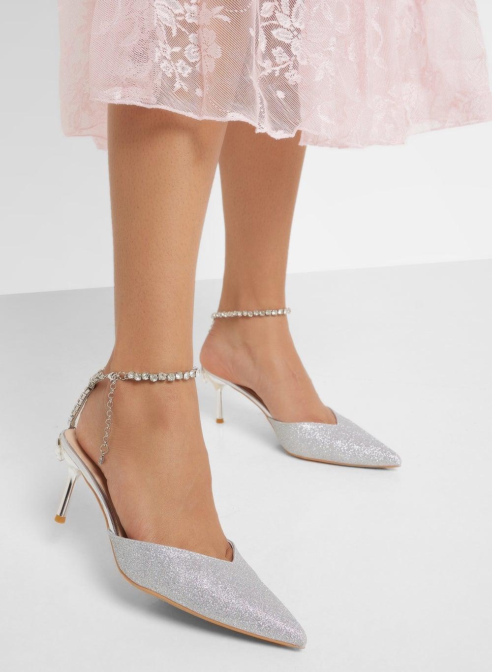 Silver Chain Strap Heeled Pump - Style Fsdl25185 - Image 1