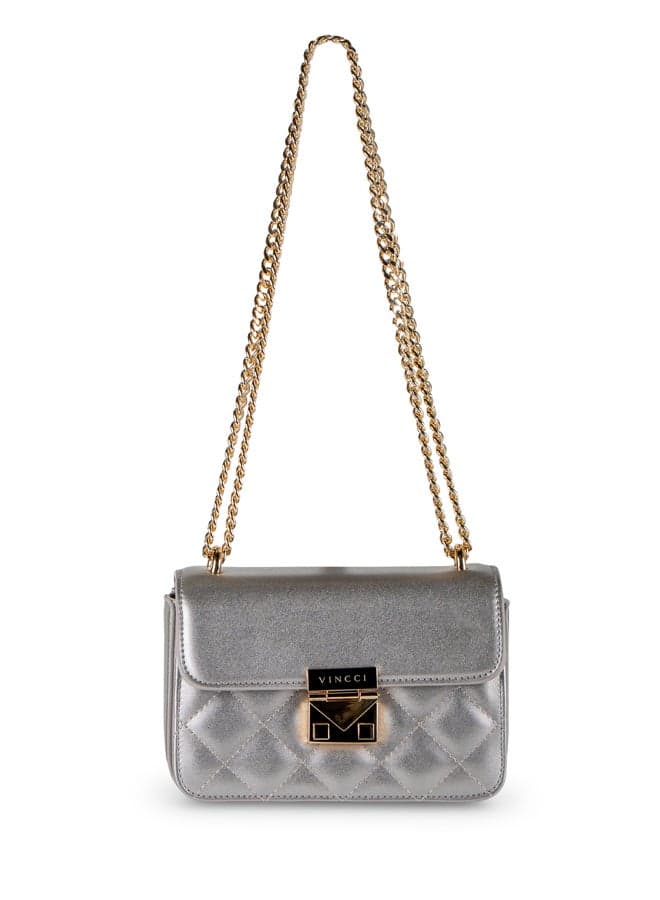 Vincci Elegance: Grey Quilted Shoulder Bag with Chain Strap - Image 1