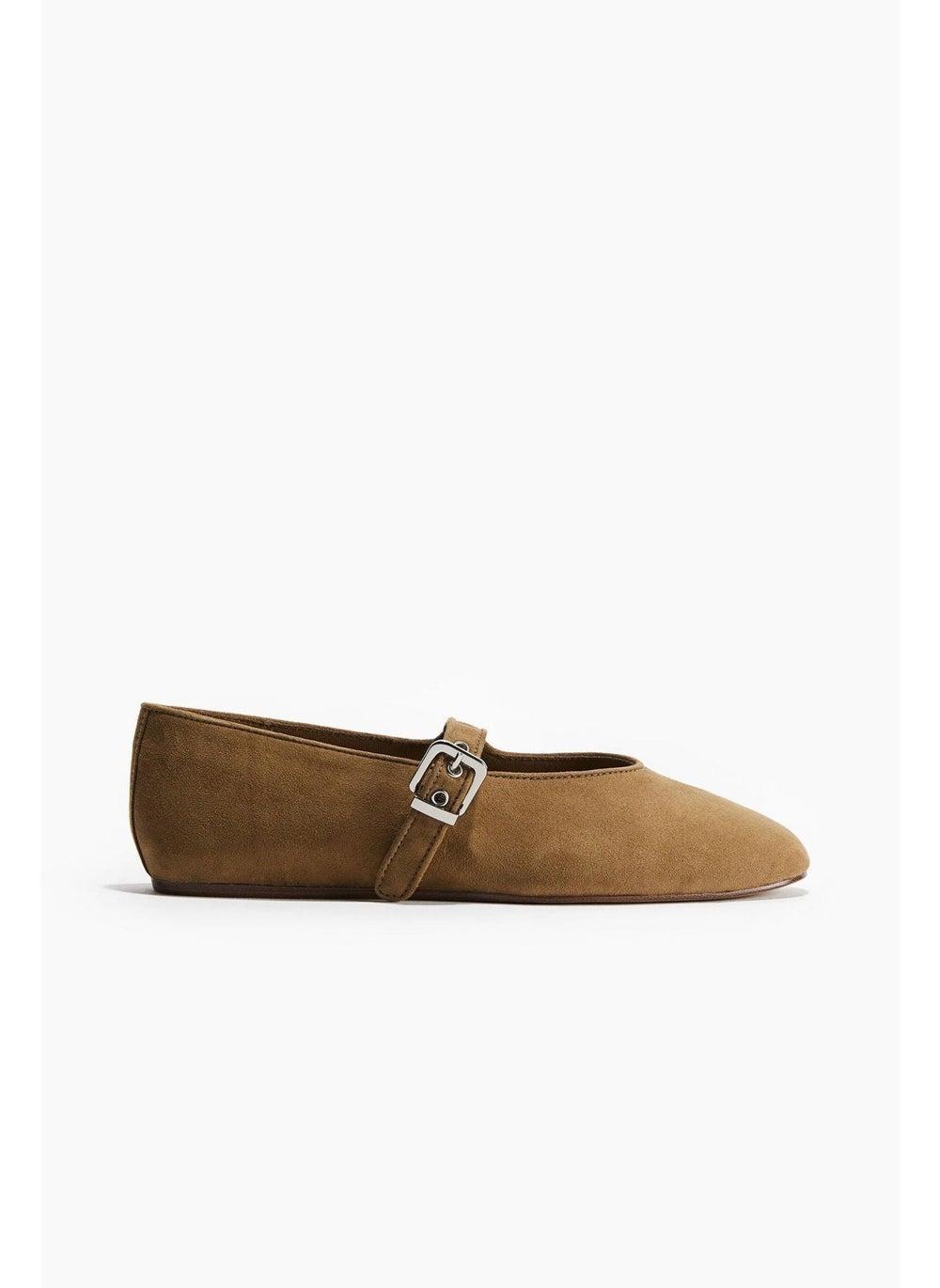 Khaki Green Mary Jane Almond-Toe Ballet Pumps - Image 1